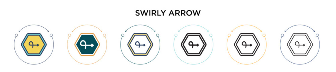 Swirly arrow icon in filled, thin line, outline and stroke style. Vector illustration of two colored and black swirly arrow vector icons designs can be used for mobile, ui, web