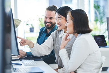 training, manager and employees with computer, programming and mentor with trading, coaching and men