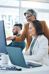 Leinwandbilder - Coaching, mentor and computer with business people in office for planning, solution and teamwork. Training, collaboration and web design with employees for feedback, meeting and brainstorming