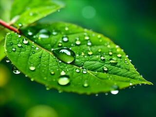  Beautifull drops of water drippng from awesome greeen leaves, Generative AI