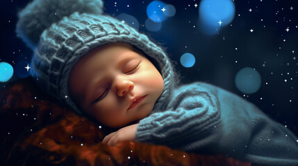 Newborn baby in cocoon in starry night. Concept photo. AI generated