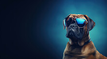 Bullmastiff Look Like As A Security Officer Or Cop, Wearing Police Hat, And Sunglasses. Guarding Dog Concept. Wide Banner Copy Space.