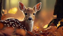 Young Fallow Deer - Dama Dama In Autumn Woodland, Ai Generated Image