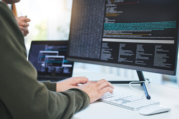 Fototapete - Programming, developer and hands on computer for coding, software script or cyber security in office. Closeup of IT technician person with technology for typing code, future and data analytics