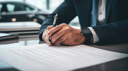 Close up businessman signing lease agreement for car.Created with Generative AI technology.