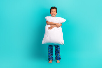 Poster - Full body portrait of excited cheerful schoolkid have good mood arms hold big cushion isolated on turquoise color background