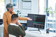 © Azee Jacobs/peopleimages.com - Help, manager and employee with computer screen, programming and code with trading, coaching and mentor. Advice, supervisor and worker with pc, coding and cyber security with programmer and training