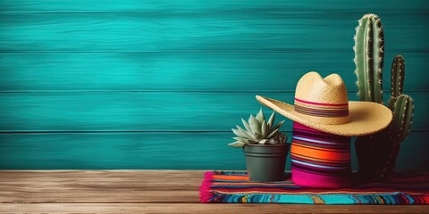 A top view of traditional Mexican sombrero and bright serape laid on a green surface.