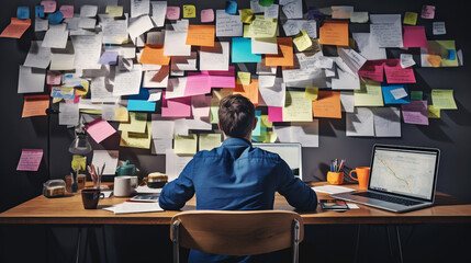 Person seated at cluttered table, engrossed in meticulously planning their online purchases for Black Friday, surrounded by shopping lists. Banner. Generative Ai content.