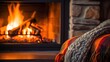 © pvl0707 - Living room with woolen blanket in a cozy living room with fireplace. Cozy winter day. created with Generative AI technology