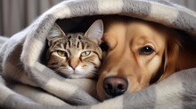 Dog And Cat Under A Plaid. Pet Warms Under A Blanket In Cold Autumn Weather Created With Generative AI Technology