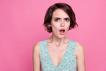 Poster - Portrait of funny young lady staring confused reaction open mouth shocked unbelievable wear stylish top isolated on pink color background