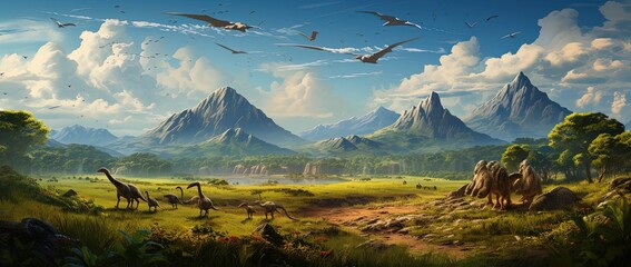 realistic dinasours with mountain background