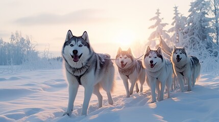 Wall Mural - Sled dog Siberian husky is driving a sled through a winter snow-covered forest created with Generative AI technology