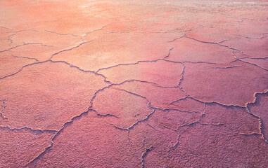 A close-up of a cracked pink salt lake at sunset creating abstract patterns. Salt production plants evaporated a brine pond in a salt lake. Salin de Giraud saltworks in Camargue, Provence, France