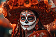 © ADDICTIVE STOCK - Generative AI image of beautiful young woman with colorful carnival wreath hat decorated with orange flowers with creative paint on face looking at camera