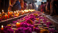 Generative Ai Illustration Of Colorful Blossoming Colorful Flower Path With Gentle Petals And Lightened Candles With Unrecognizable People Praying On A Temple