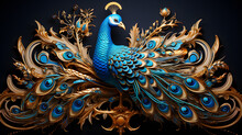 A Peacock, Featuring Opulent Golden Accents And Regal Motifs, 3D Style