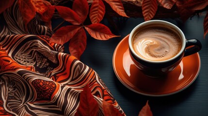 Wall Mural - Autumn cozy composition with gray soft plaid and cup of coffee. created with Generative Al technology