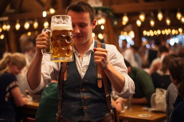 Wall Mural - Oktoberfest, Munich. Waiter serve beer, close up. Octoberfest German beer festival.