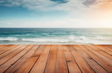 Wall Mural - an old wooden deck on the beach with the ocean looking out