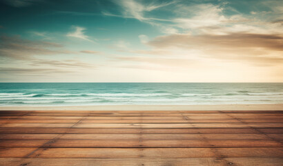 Wall Mural - an old wooden deck on the beach with the ocean looking out