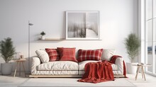 Sofa With Red Soft Pillows And Warm Plaids Created With Generative AI Technology
