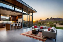 A Charming Arizona Home With A Front Yard That Boasts Large, Beautiful Windows, Allowing Ample Natural Light To Flood The Interior, The Windows Offer Views Of The Picturesque Desert Landscape.