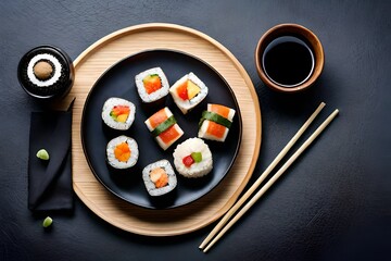 Wall Mural - Sushi set on a black plate over dark stone background generated by AI tool