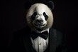 An elegant panda donning formal attire on contrasting dark and white backdrops. Generative AI