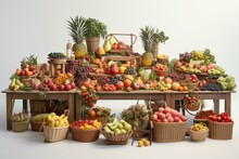 Market Stalls Display Various Fruits And Vegetables On A White Background. Generative AI