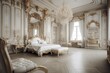 Luxurious baroque-style bedroom with opulent white interior. Generative AI