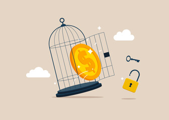 Financial freedom. Dollar with key free himself from cage. Modern vector illustration in flat style 