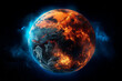 © David - Planet Earth burning in flames because of the planet warming or for the fires from the space. Concept: Global warming will increase the planet temperature. Generative ai.