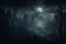 Scary Spooky Dark Forest At Night With Full Moon