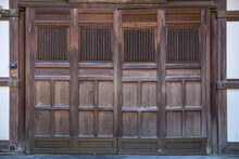 Closeup Antique Folding Door Asian Style Wooden Door With Grill For Temple Shrine Entrance