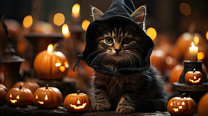 Wall Mural - lovely cat in  black hood have fun with Halloween concept