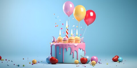 Colorful birthday cake on blue background with drip frosting, party hat, pink balloon, copy space