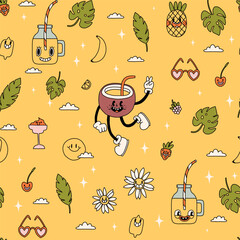 Groovy bright  and fun summer seamless pattern in retro style. Cute pink yellow colors and funny summer youth elements. Vintage trendy vibe for your wrapping paper, textile, clothes design collection