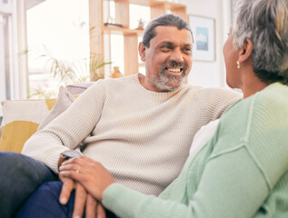 Wall Mural - Happy, talking and mature couple on sofa for bonding, healthy relationship and connection. Marriage, love and man and woman relaxing on couch for discussion, conversation and chat in living room