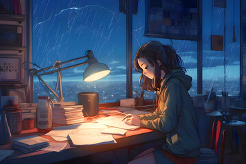 Cool Lofi girl studying at her desk Rainy or cloudy outside beautiful chill atmospheric wallpaper 4K streaming background lofi hiphop style Anime manga style	