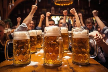 Wall Mural - Oktoberfest, munich. Beer mugs on table, People drinking beer and having fun, tent interior.