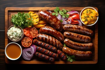 Wall Mural - Grilled sausages plate top view. Sausages variation, vegetables and side dishes. 