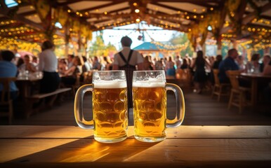 Wall Mural - Oktoberfest, munich. Beer mugs on table, People drinking beer and having fun, tent interior.