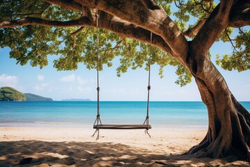 Sticker - A swing with a tree on a beach.