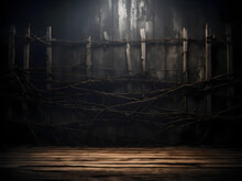 Horror Background With Grunge Texture With Black Shadows And Glow, Strange Scary Dark Wooden Mystical Mysterious Old Destroyed Wall Surface With Barbed Wire, Generative AI