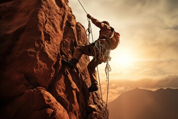 Rock climber securing harness.