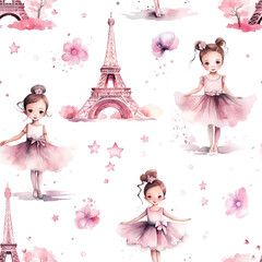 Wall Mural - Watercolor seamless pattern with cute little girls ballerinas, Eiffel Tower, flowers and stars isolated on white background.