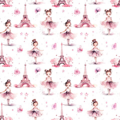 Wall Mural - Watercolor seamless pattern with cute little girls ballerinas, Eiffel Tower, flowers and stars isolated on white background.