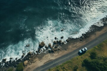 Sticker - Car driving along the ocean, aerial view.